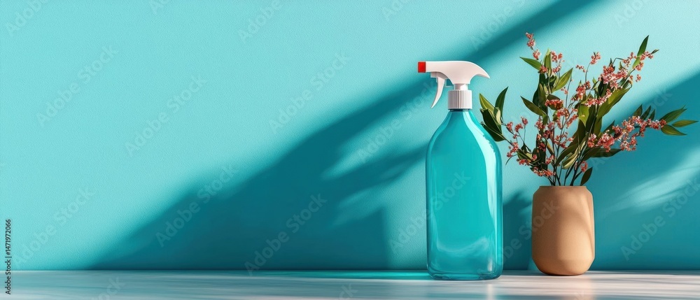 Poster blue spray bottle with a white trigger on the right side and a small vase with red flowers on the le