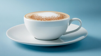 Obraz premium Cappuccino on a white plate, isolated on a blue background.