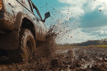 Low-angle shot of vehicle spraying mud on rugged terrain