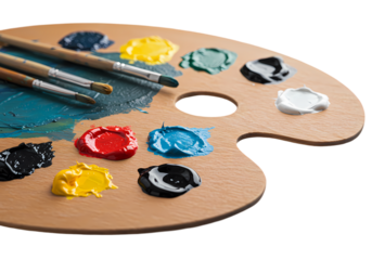 Vibrant Artists Palette with Paint and Brushes on Transparent background