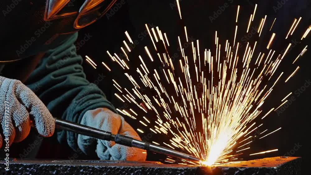Poster skilled welder generating bright golden sparks while working with intense precision on metal fabrica