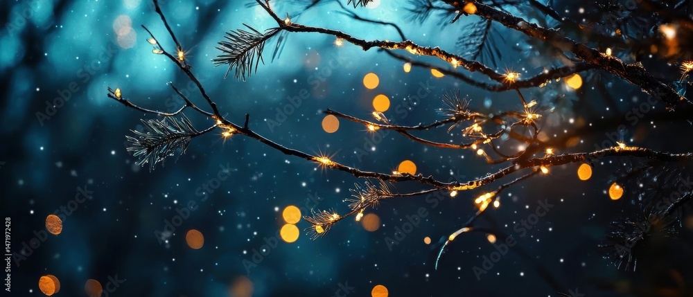 Poster close-up of a branch of a pine tree with small orange lights hanging from it. the background is blur
