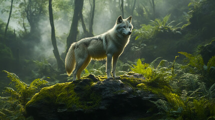 Obraz premium White wolf in a mossy forest, standing on a rock with ferns, foggy forest background.