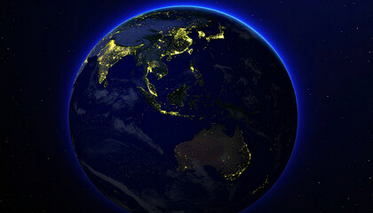 Fototapeta premium Illuminated Planet Earth at Night: A Vibrant World Under a Midnight Blue Glow