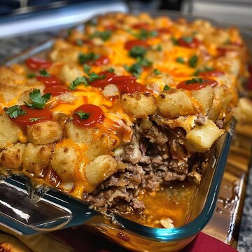A close-up of a casserole dish filled with meatloaf and tater tots, topped with parsley and ketchup.