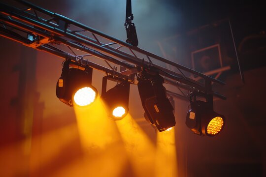Stage lights rigged on aluminum truss frame