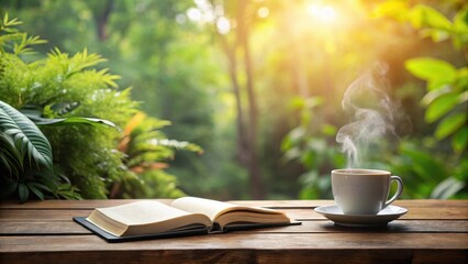 A serene study with a steaming cup of coffee and an open Bible on a wooden desk, surrounded by lush greenery, evoking a sense of peaceful contemplation , peaceful, spiritual
