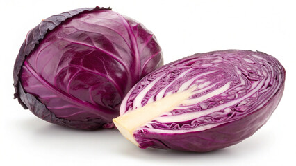 Whole red cabbage and half isolated on white background