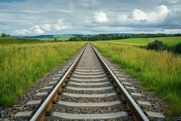 Obraz premium Straight railway track through grassy landscape