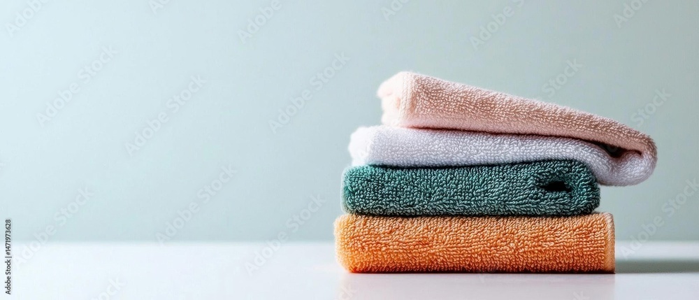 Poster stack of folded towels on a white surface. the towels are neatly folded and stacked on top of each o