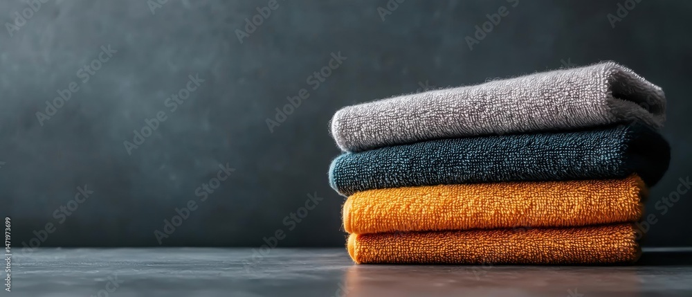Aufkleber stack of folded towels on a dark grey background. the towels are neatly folded and stacked on top of