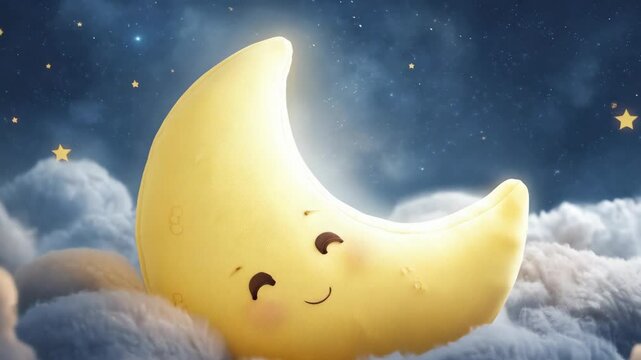 Dreamy yellow crescent moon character with closed eyes nestled in fluffy white clouds against starry night sky evokes childlike wonder.