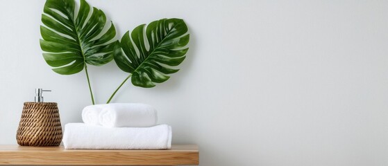 Wooden shelf against a white wall. on the shelf, there are two white towels neatly folded and placed on top of each other.