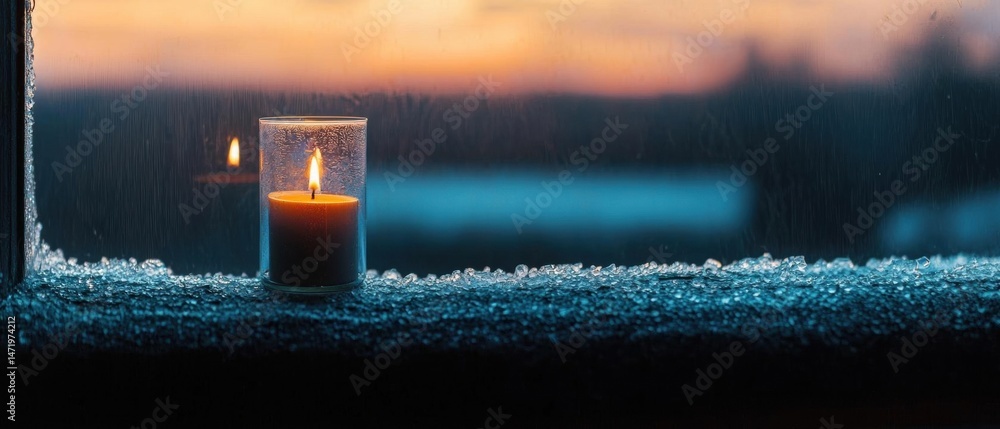 Poster close-up of a candle on a window sill. the candle is lit and is placed in the center of the image. t