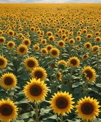 Vast field of vibrant sunflowers under sunny sky, bright yellow, plant