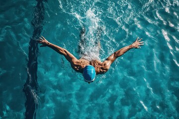 Swimmer training in pool, top view perspective