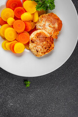 Vegetarian cutlet, boiled carrotbowl natural food vegetable dish organic fresh gourmet food background on the table rustic food top view copy space keto and paleo diet vegetarian and vegan food