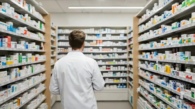 Male Pharmacist in White Coat Analyzing Medication Choices in Modern Pharmacy Aisle Surrounded by Shelves of Diverse Pharmaceutical Products