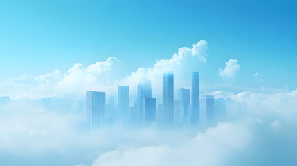 Fototapeta premium Serene Cityscape Above Clouds with Bright Blue Sky and Soft Clouds