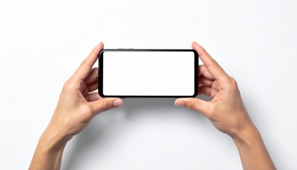 Hands holding mobile phone horizontally with blank white screen for app promotion or presentation on white background providing space for graphic design