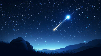 Night Sky with Bright Stars and Shooting Star Over Mountain Landscape