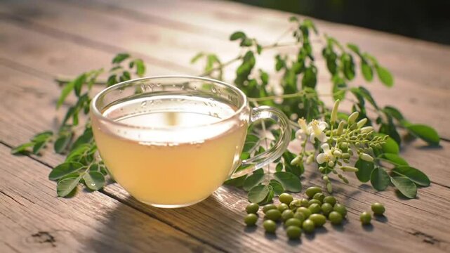Moringa Tea: Herbal Drink in Glass Cup with Fresh Leaves and Flowers