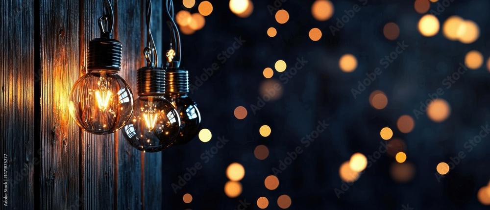 Poster three light bulbs hanging from a string against a dark wooden background. the bulbs are of different