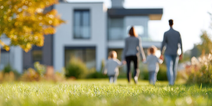 happy family walking hand in hand toward modern suburban home, enjoying sunny day in lush green yard. scene captures warmth and togetherness in beautiful setting