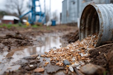 A canister spills grains onto a muddy ground, symbolizing the unpredictability of agricultural life and the connection between nature and farming in a raw, honest portrayal.