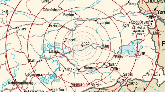 Expanding red circles show the range of an earthquake wave from Bingol, Turkey