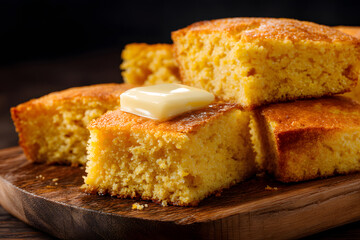 Thick slice of homemade cornbread loaf with melting butter pat on top fresh and warm