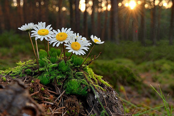 Daisies Growing in Morning Forest Light