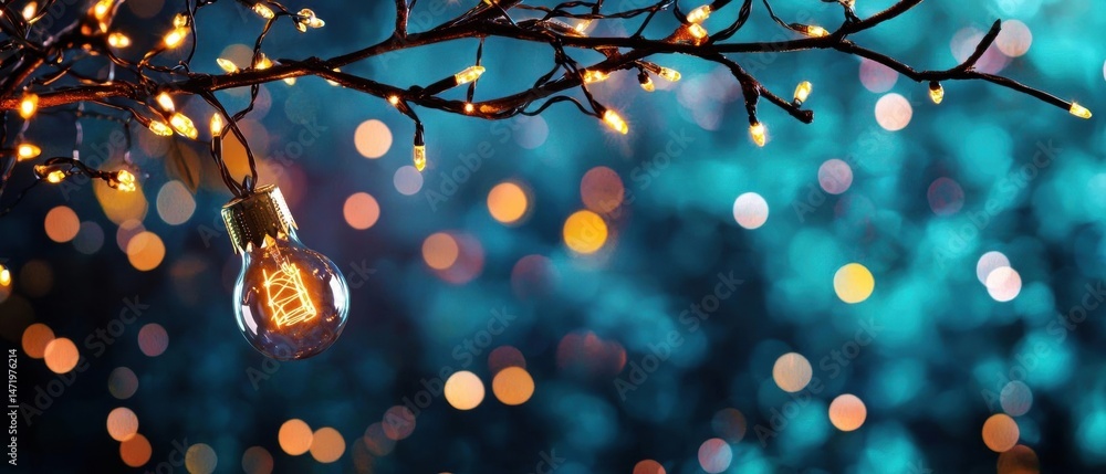 Poster close-up of a branch with a light bulb hanging from it. the branch is covered in small, warm-colored