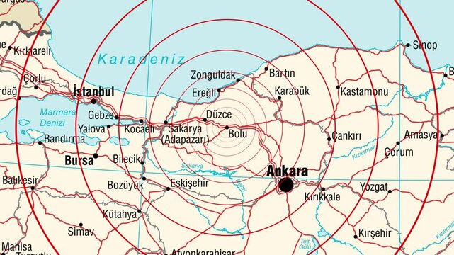 Expanding red circles show the range of an earthquake wave from Bolu, Turkey