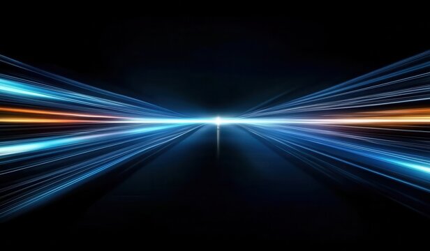 Abstract Image of Speeding Light Rays in Blue and Gold Tones on Black Backdrop Representing High Speed Technology Network and Futuristic Energy Concept