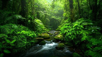 Fototapeta premium Lush jungle with greenery and water in tropical rainforest