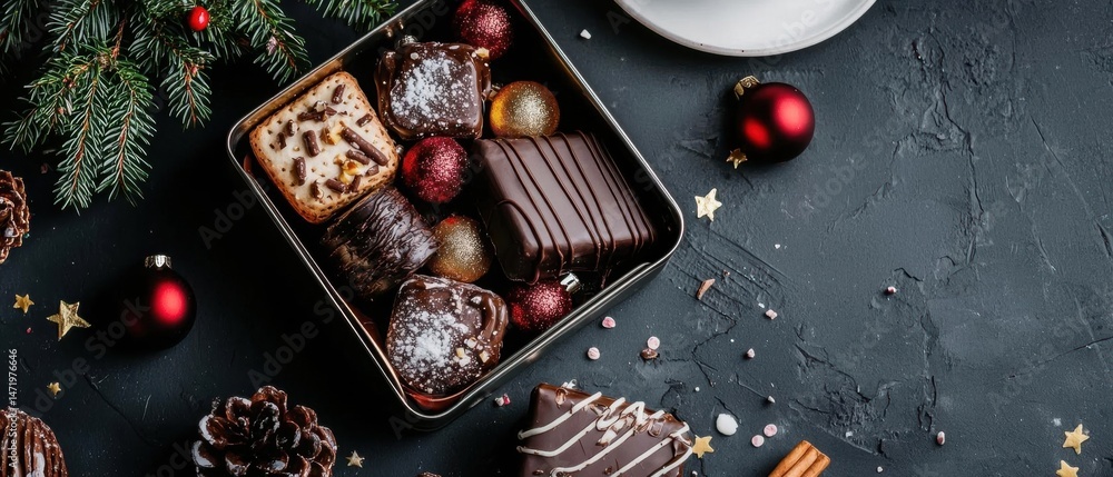 Poster flat lay of a black rectangular tray filled with various types of chocolates. the tray is placed on 