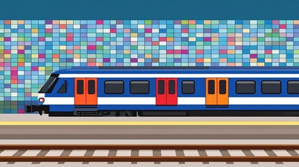 Modern Blue Train at Colorful Tile Station Platform A vibrant public transportation scene