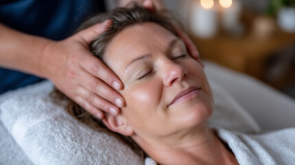 A close-up of the clientâs face with a serene expression, her skin glowing as the osteopath's fingers softly knead her temples and scalp, natural essential oils in the air