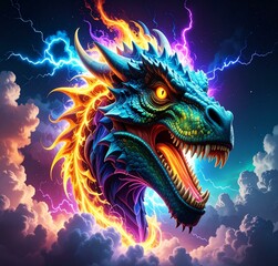 Majestic Fire and Lightning Dragon Head Fantasy Art Powerful Creature Mythical Beast