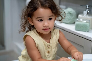Fototapeta premium A young child engaging with an item in a bathroom setting, radiating innocence and curiosity, showcasing the joyful exploration of a child's everyday life and experiences.