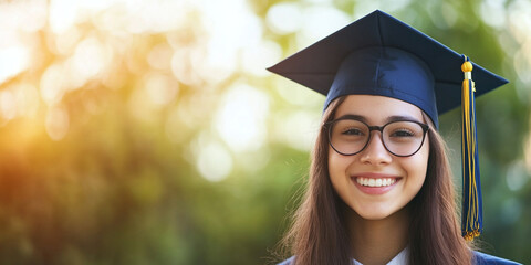 Female student in navy blue cap and gown smiling with pride, celebrating graduation outdoors, surrounded by greenery and warm sunlight, showcasing joy and achievement