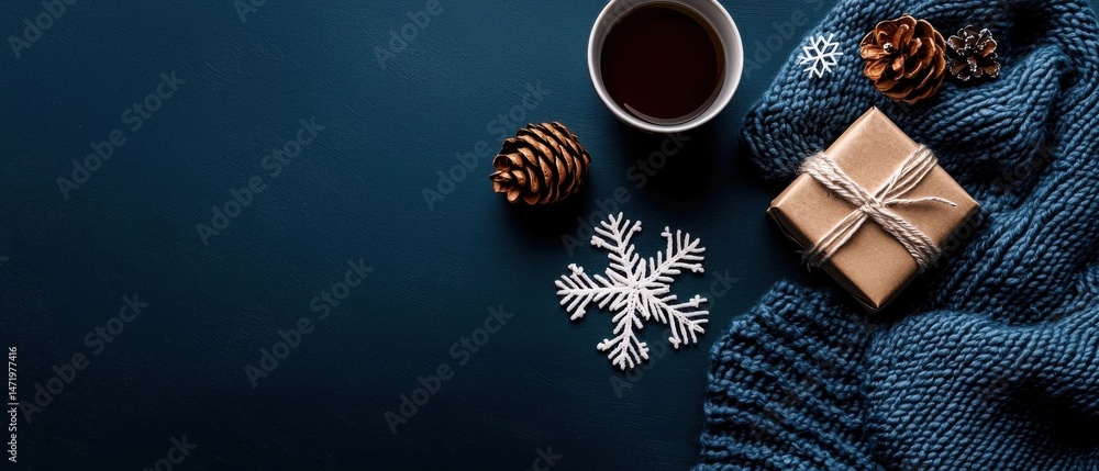 Poster flat lay of a dark blue background with a gift box wrapped in brown paper and tied with twine on the