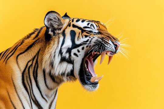 Close-up of roaring Bengal tiger on solid color background
