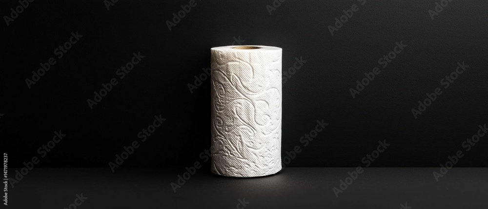 Poster roll of toilet paper on a black background. the roll is cylindrical in shape and appears to be made 
