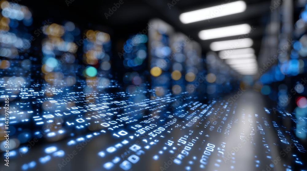 Poster abstract close-up of digital hash codes projected above glowing processors in a cold, metallic serve