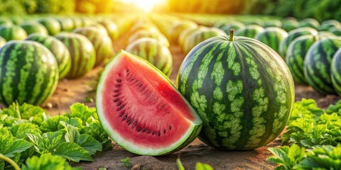 watermelon cut in half on a pile of ripe watermelons in the field from above view, greenery, watermelon