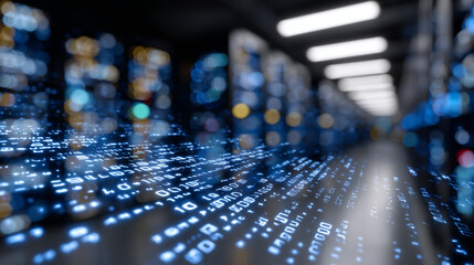 Abstract close-up of digital hash codes projected above glowing processors in a cold, metallic server farm bathed in blue light