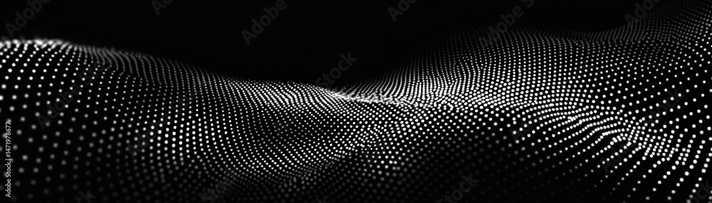 Poster abstract wave pattern of white dots on black background digital data visualization futuristic networ