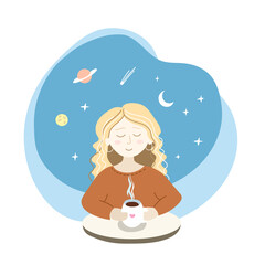 A woman with a cup of coffee is resting at a table